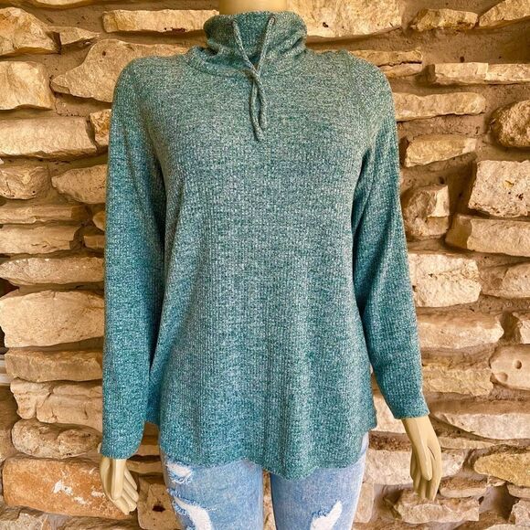 J. Jill Size Medium Cowl Neck Drawstring Pullover Marled Green Sweater Ribbed - Picture 2 of 6